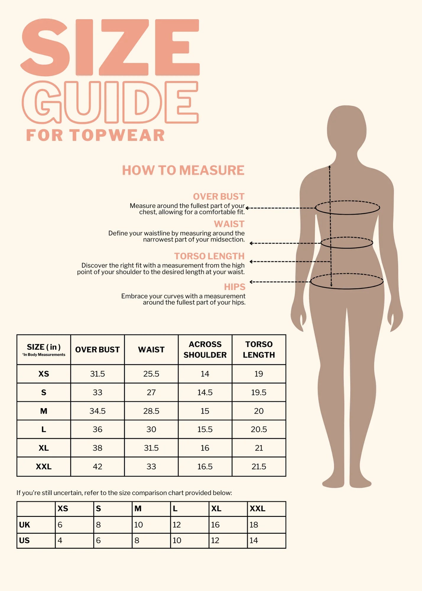 Size Chart for Ivory Zip-It-Up Top