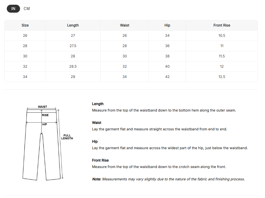 Size Chart for Lilies Barrel Pants