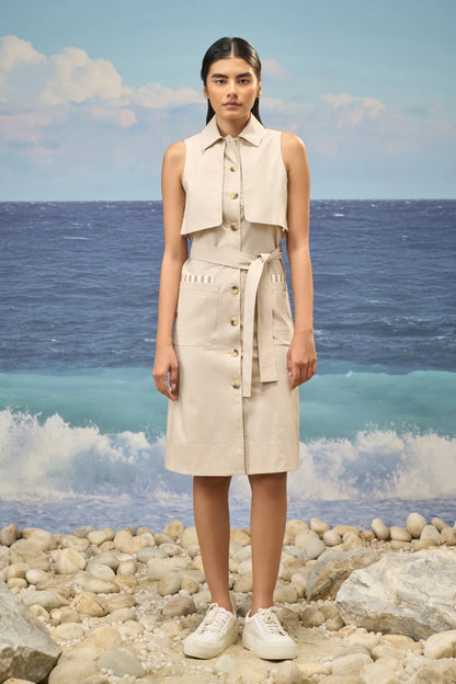 Beige Premium Cotton Lycra Sleeveless Shirt Dress