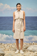 Beige Premium Cotton Lycra Sleeveless Shirt Dress