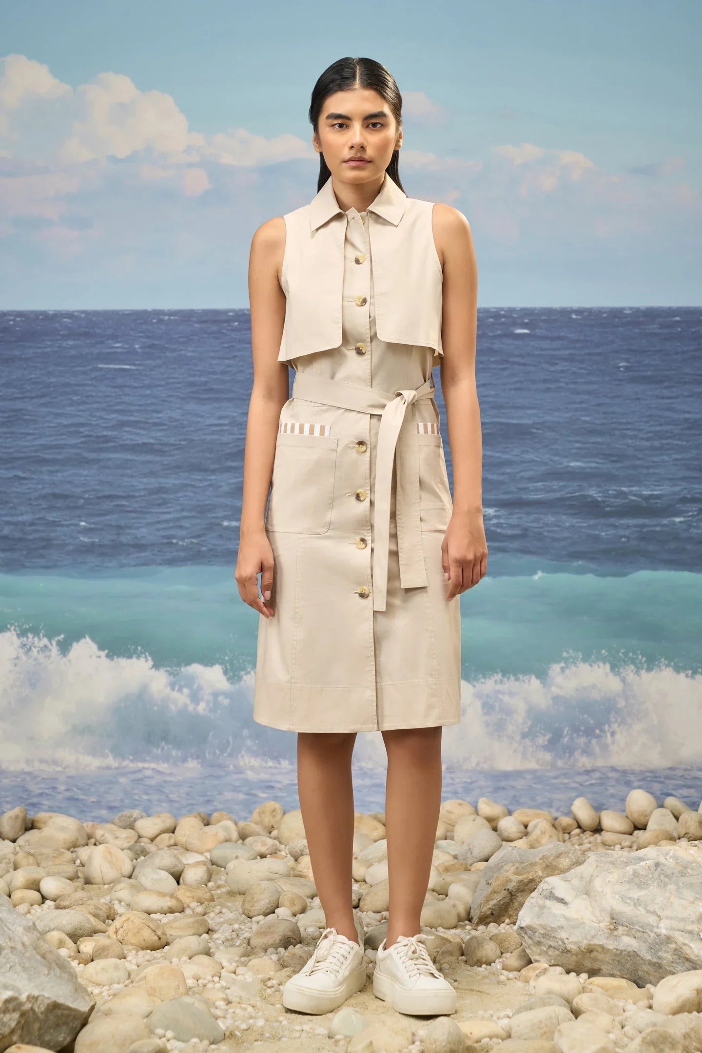 Beige Premium Cotton Lycra Sleeveless Shirt Dress