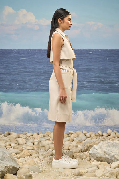 Beige Premium Cotton Lycra Sleeveless Shirt Dress