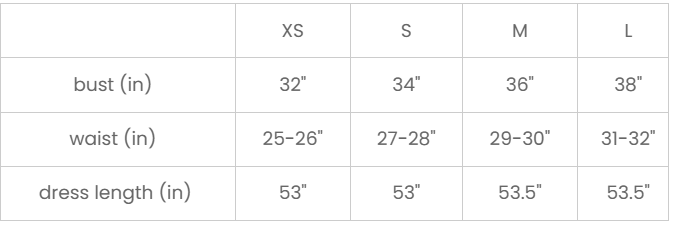 Size Chart for Bianca Dress