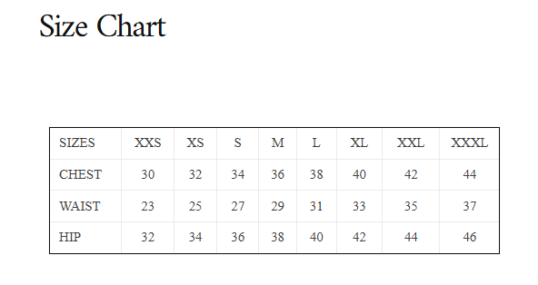 Size Chart for Peek-a-Boo Bodysuit