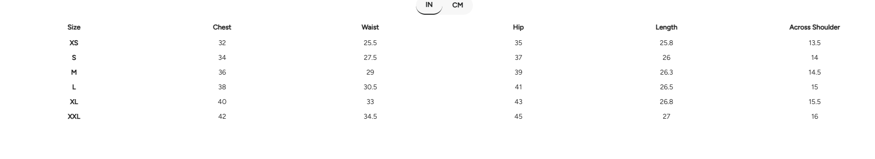 Size Chart for Quartz Playsuit