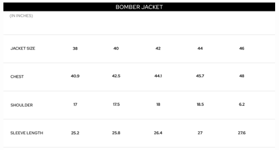 Size Chart for Bare Brown Bomber Jacket with 2 way Zipper - Grey