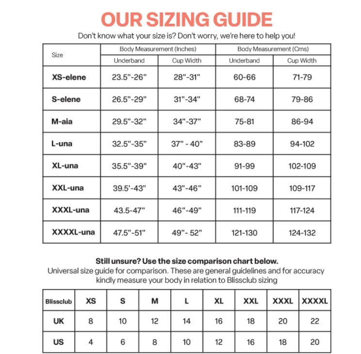 Size Chart for Absolute Invisible Bra