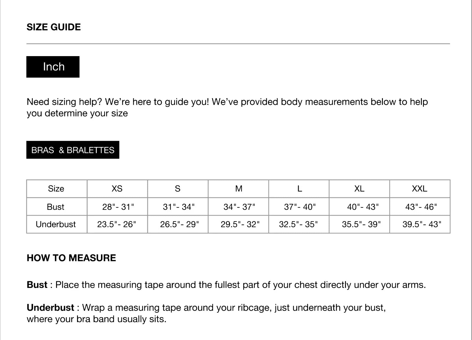 Size Chart for FlexRib V Longline Bra