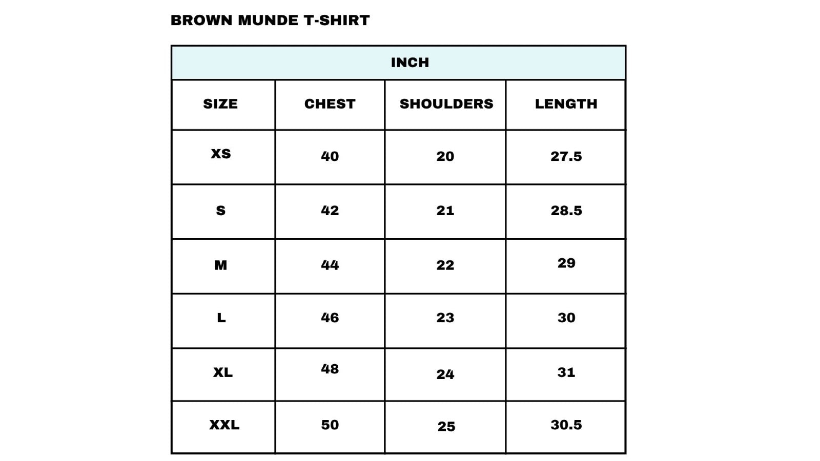 Size Chart for Brown Munde Indie Tshirt