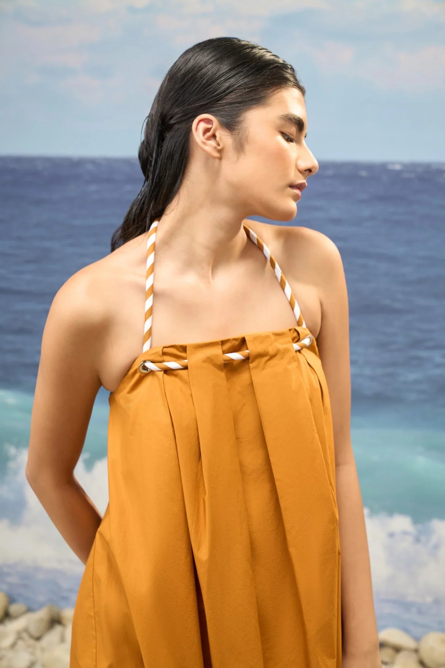 Caramel Premium Giza Cotton Pleated Sleeveless Dress