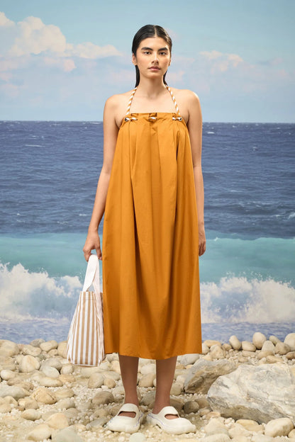 Caramel Premium Giza Cotton Pleated Sleeveless Dress