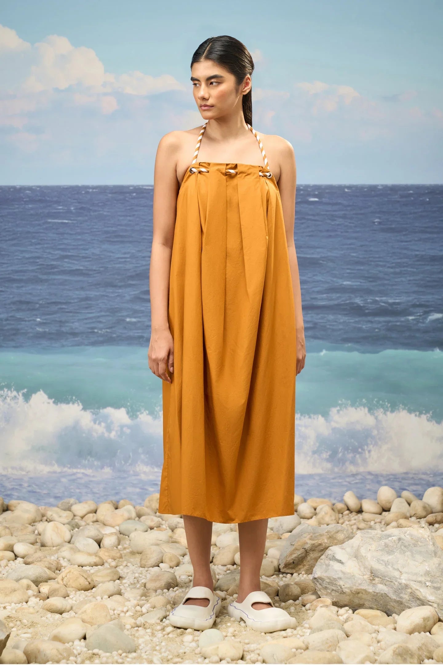 Caramel Premium Giza Cotton Pleated Sleeveless Dress