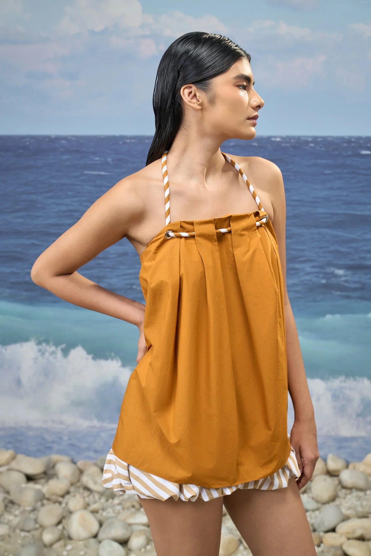 Caramel Premium Giza Cotton Pleated Sleeveless Top