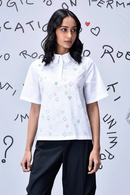 Card Beard Embroidery Regular Fit Top- White