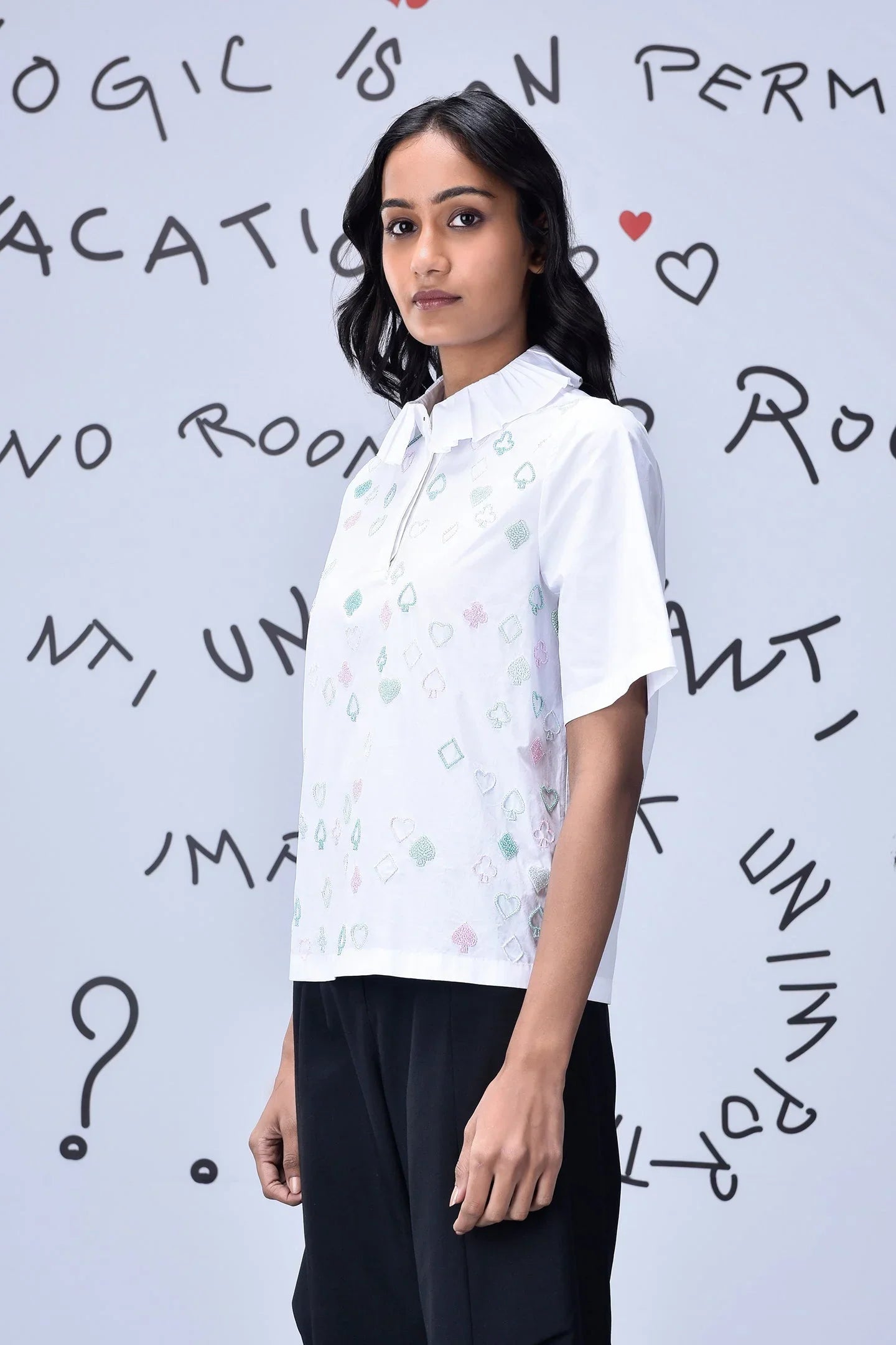 Card Beard Embroidery Regular Fit Top- White