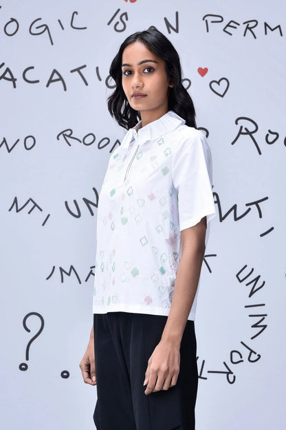 Card Beard Embroidery Regular Fit Top- White