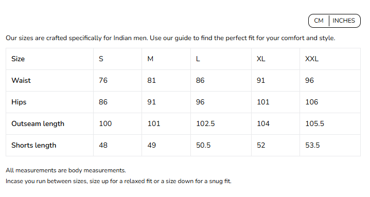 Size Chart for Cargo Shorts