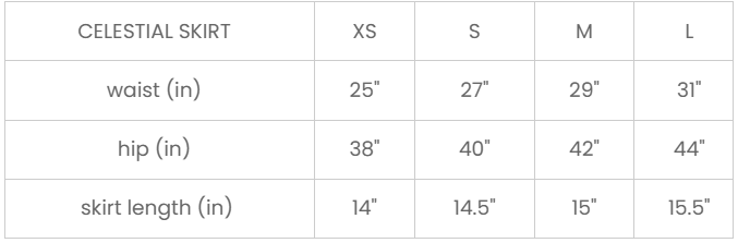 Size Chart for Celestial Skirt