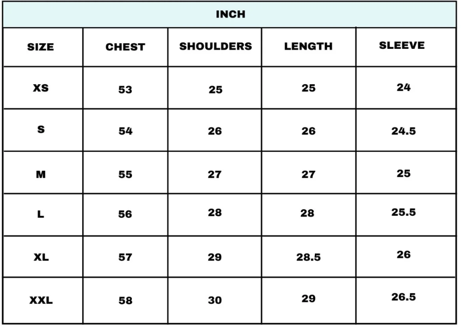 Size Chart for Untamed Hoodie Black