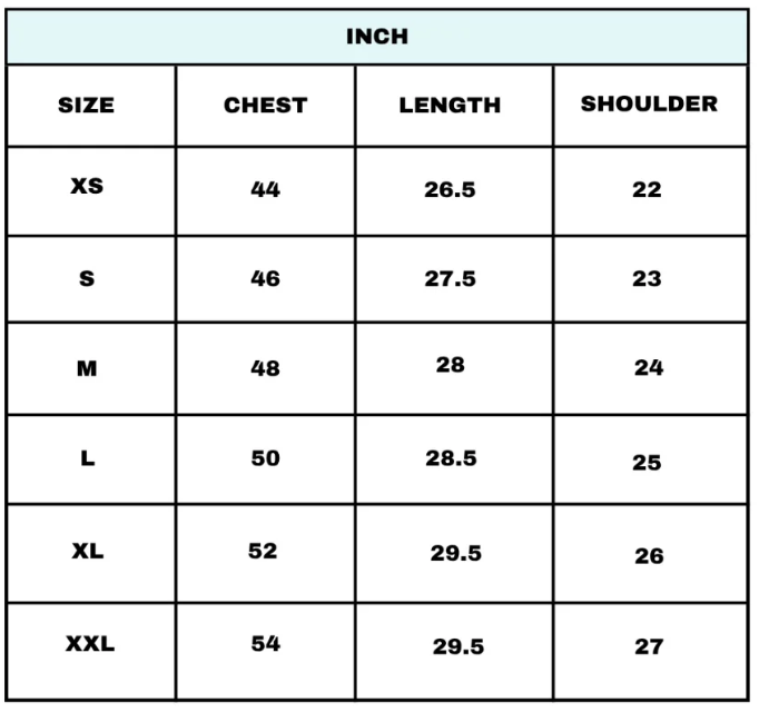 Size Chart for Light Pink 02 Jersey