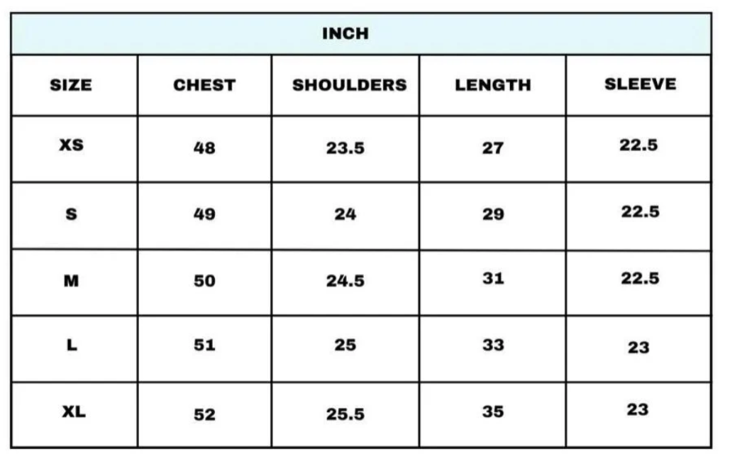 Size Chart for Crossknit Black Shirt
