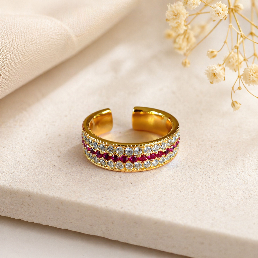 18KT Gold Plated Ruby & Crystal Triple-Row Eternity Band, Calista