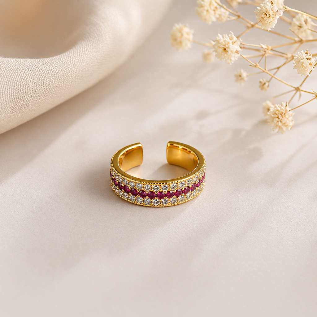 18KT Gold Plated Ruby & Crystal Triple-Row Eternity Band, Calista