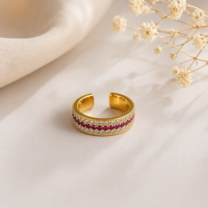 18KT Gold Plated Ruby & Crystal Triple-Row Eternity Band, Calista