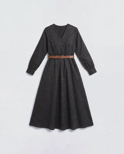 Rareism Women's Cinda Black Cotton Full Sleeve Flared Jacquard Dress