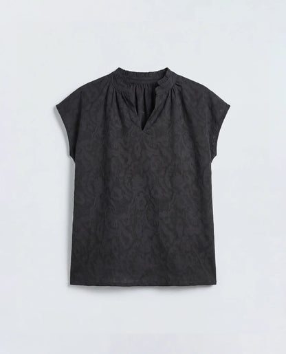 Rareism Women's Closia Black Cotton Half Sleeve Relaxed Fit Jacquard Top