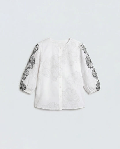 Rareism Women's Clov White Cotton 3/4Th Sleeve Regular Fit Floral Print Top