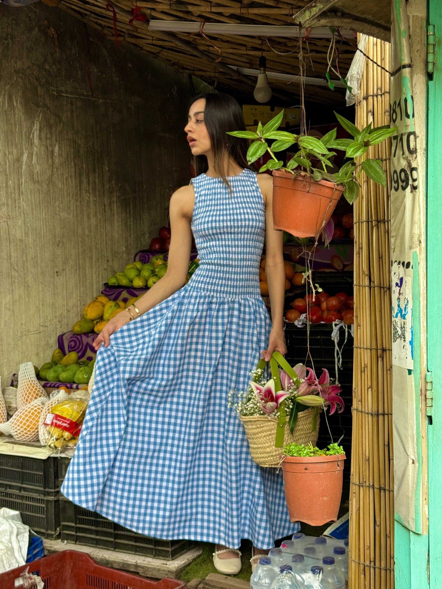 Blue Gingham Smocked Bodice Dress
