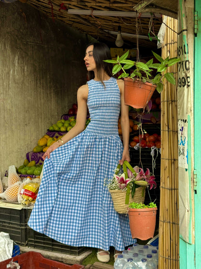 Blue Gingham Smocked Bodice Dress