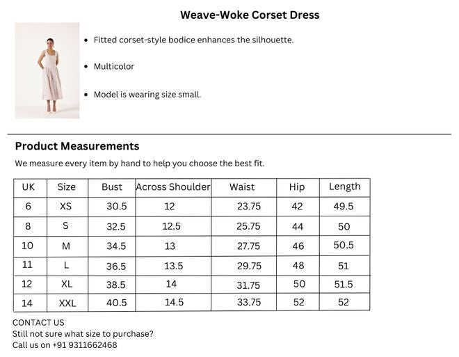 Size Chart for Weave-Woke Corset Dress