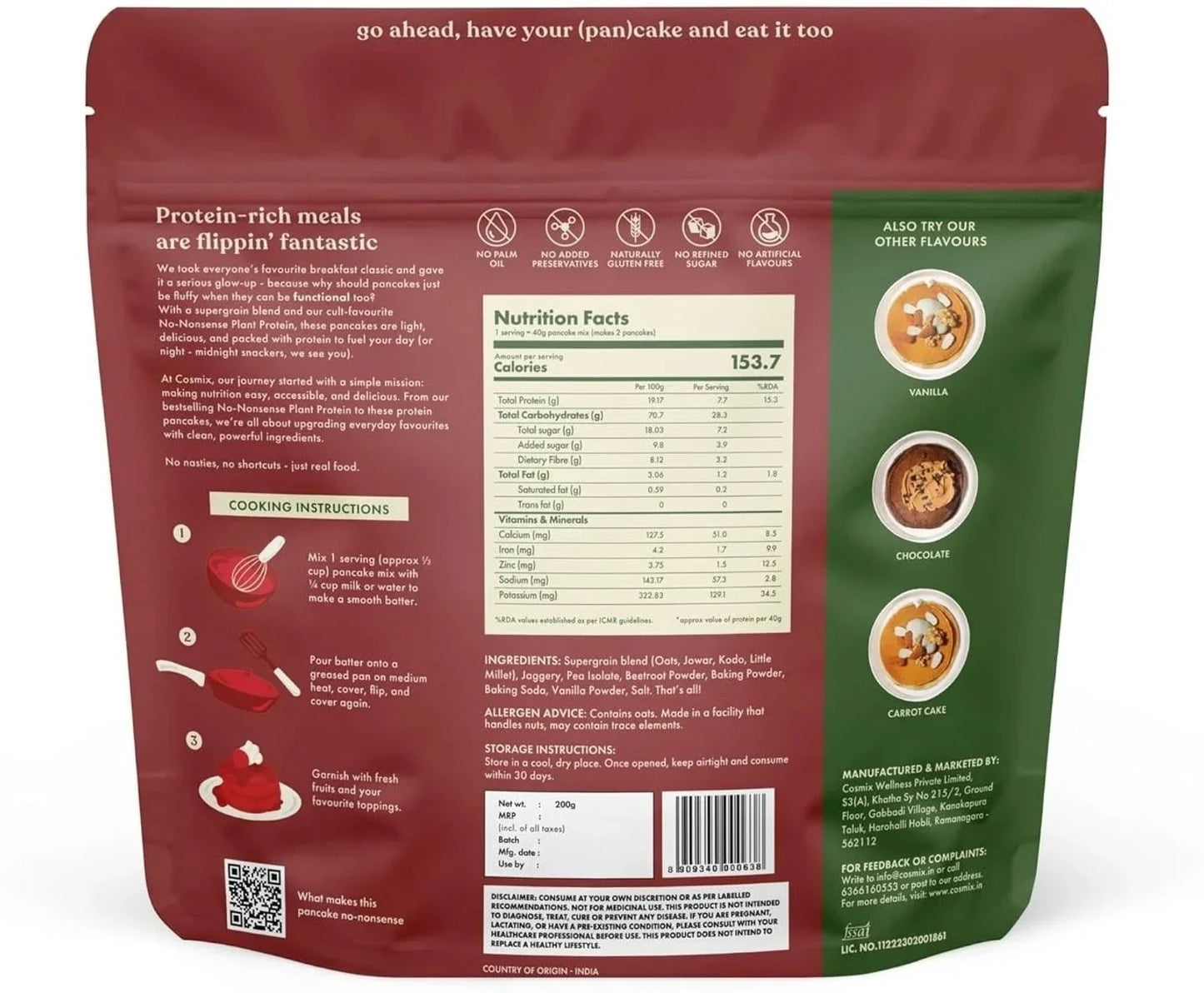 Cosmix No-Nonsense Plant Protein Pancakes - Red Velvet Cake Red