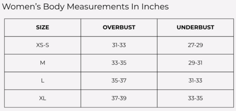 Size Chart for SCULPT CROSS BACK SPORTS BRA