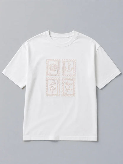 Stamps White Oversized Cotton Embroidered Tee - Plain view