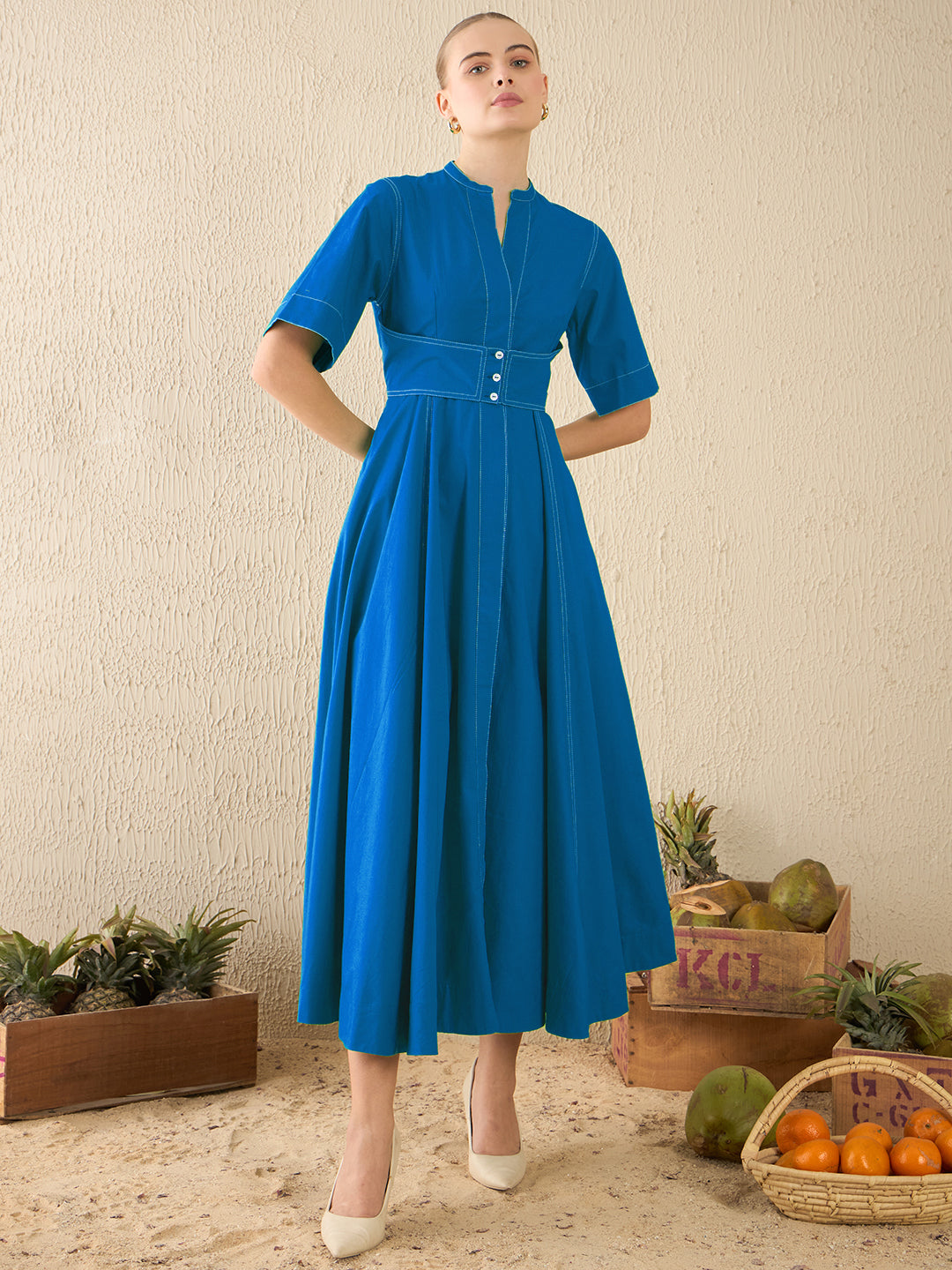 Corset Panelled Cotton Midi Dress