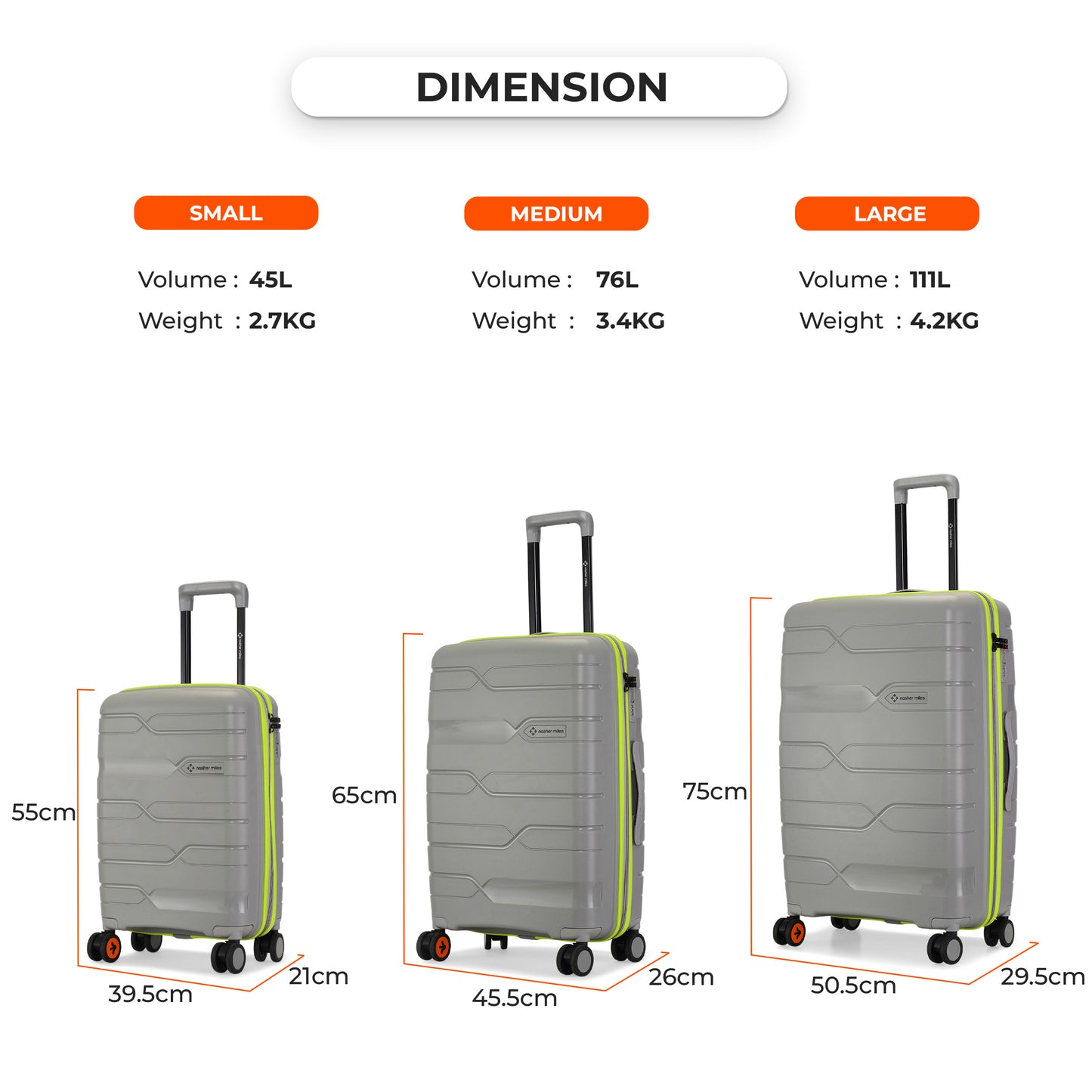 Nasher Miles Cannes Hard-sided Polypropylene Check-In Luggage Grey Neon Green 24 inch | 65 cm Medium Trolley bag