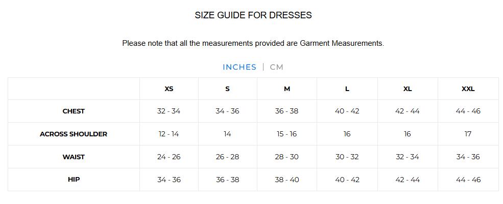 Size Chart for Miracle Dress