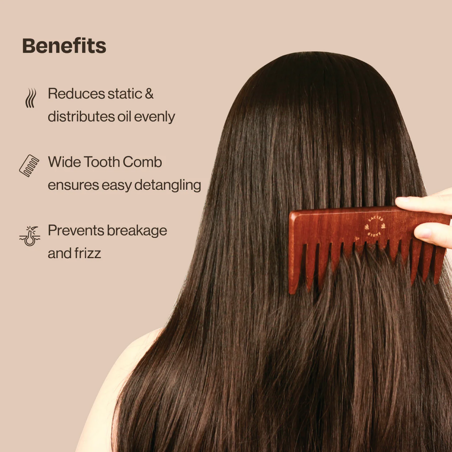 Wide Tooth Teak Wooden Comb For Frizz Control & Detangling Handmade In India (50gm) | Sacred Grove at Broadway