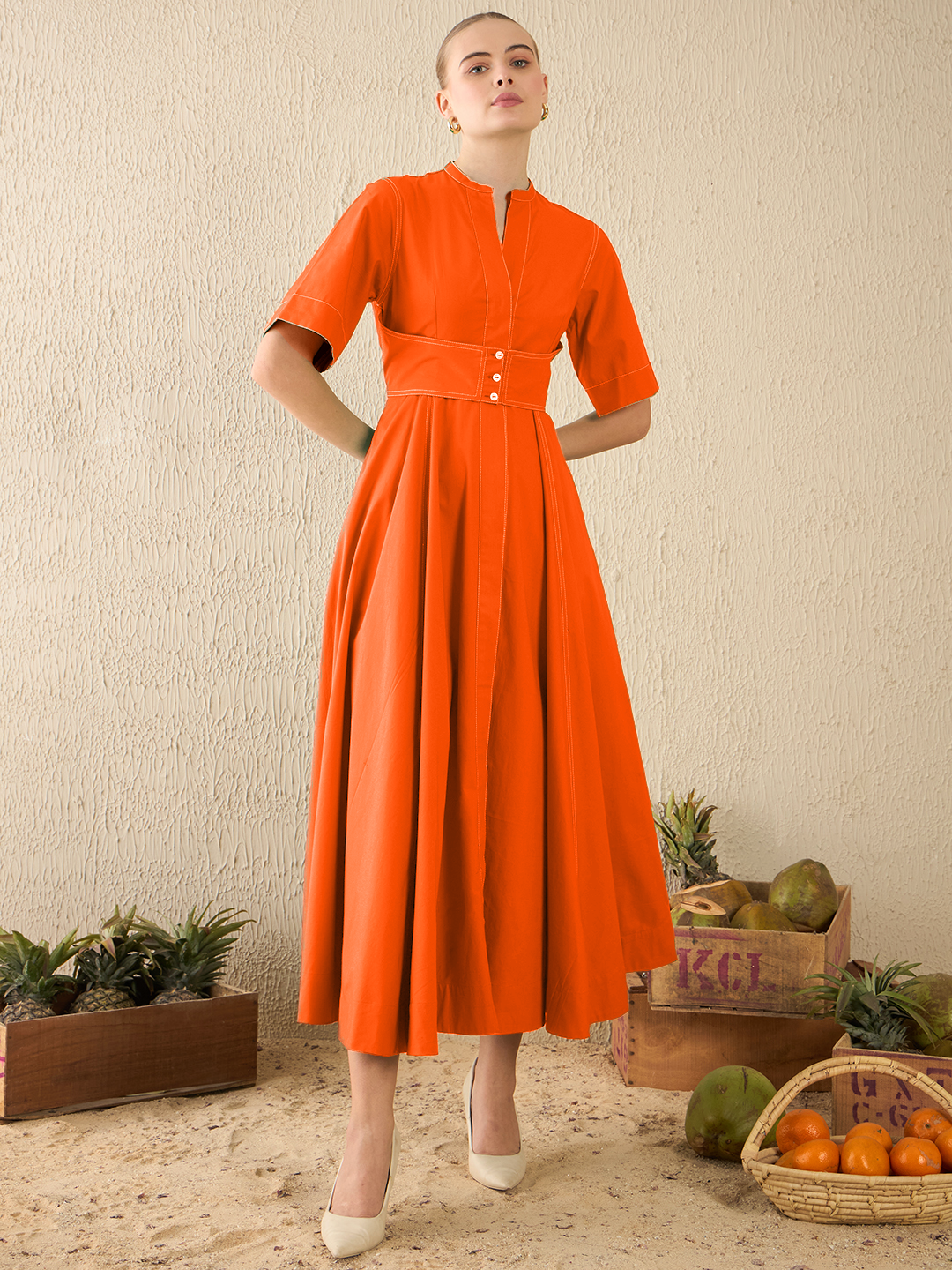 Corset Panelled Cotton Midi Dress
