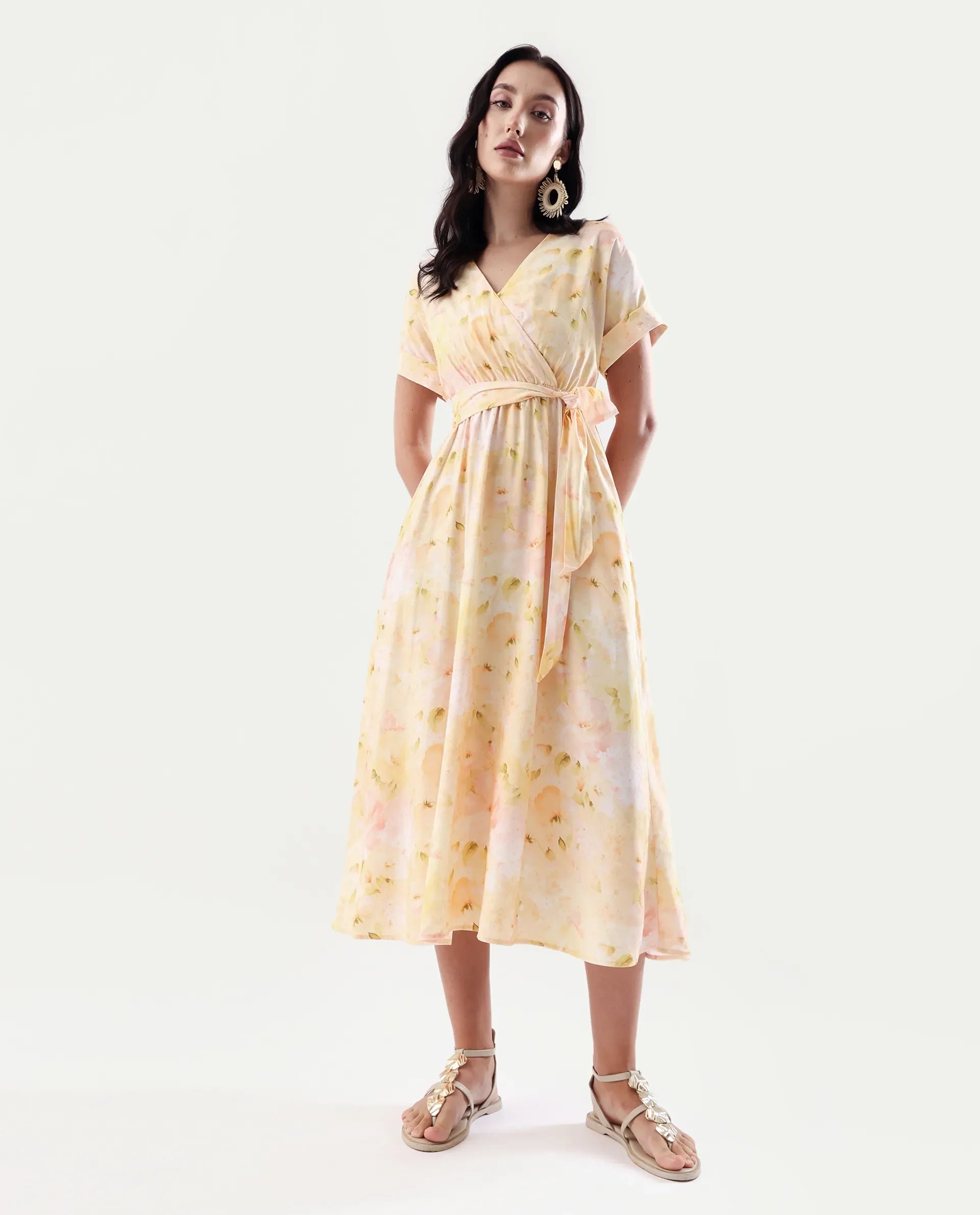 Rareism Women's Elavi Yellow Viscose Overlap Neck Flared Printed Midi Dress | RAREISM at Broadway