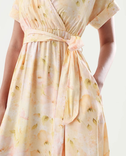 Rareism Women's Elavi Yellow Viscose Overlap Neck Flared Printed Midi Dress | RAREISM at Broadway