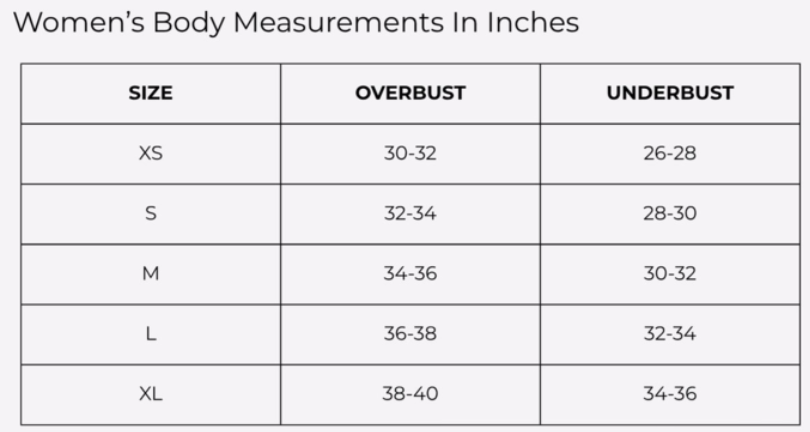Size Chart for ELEVATE SPORTS BRA