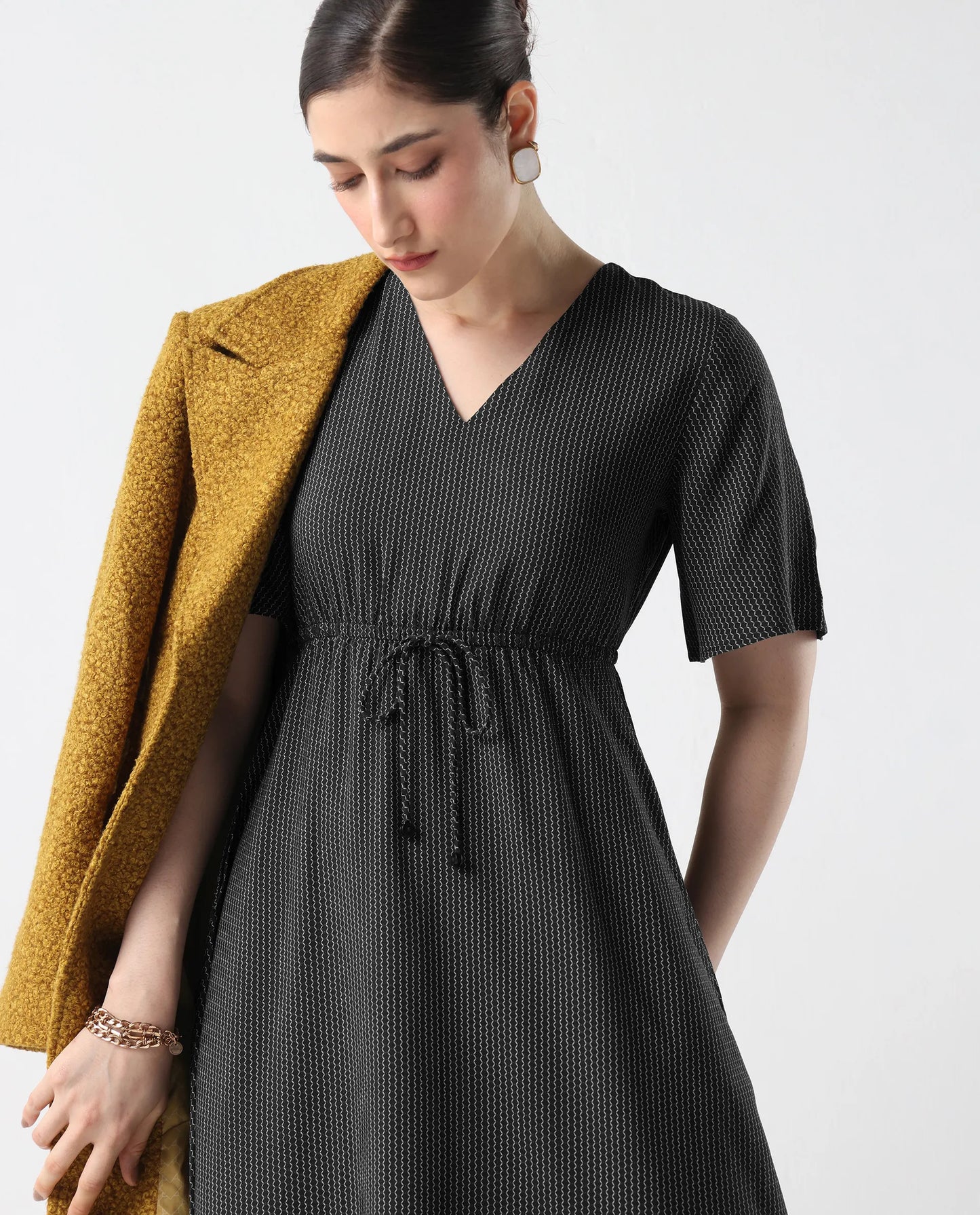 Rareism Women's Eloys Black Viscose V-Neck Flared Printed Midi Dress | RAREISM at Broadway