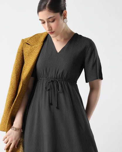 Rareism Women's Eloys Black Viscose V-Neck Flared Printed Midi Dress | RAREISM at Broadway