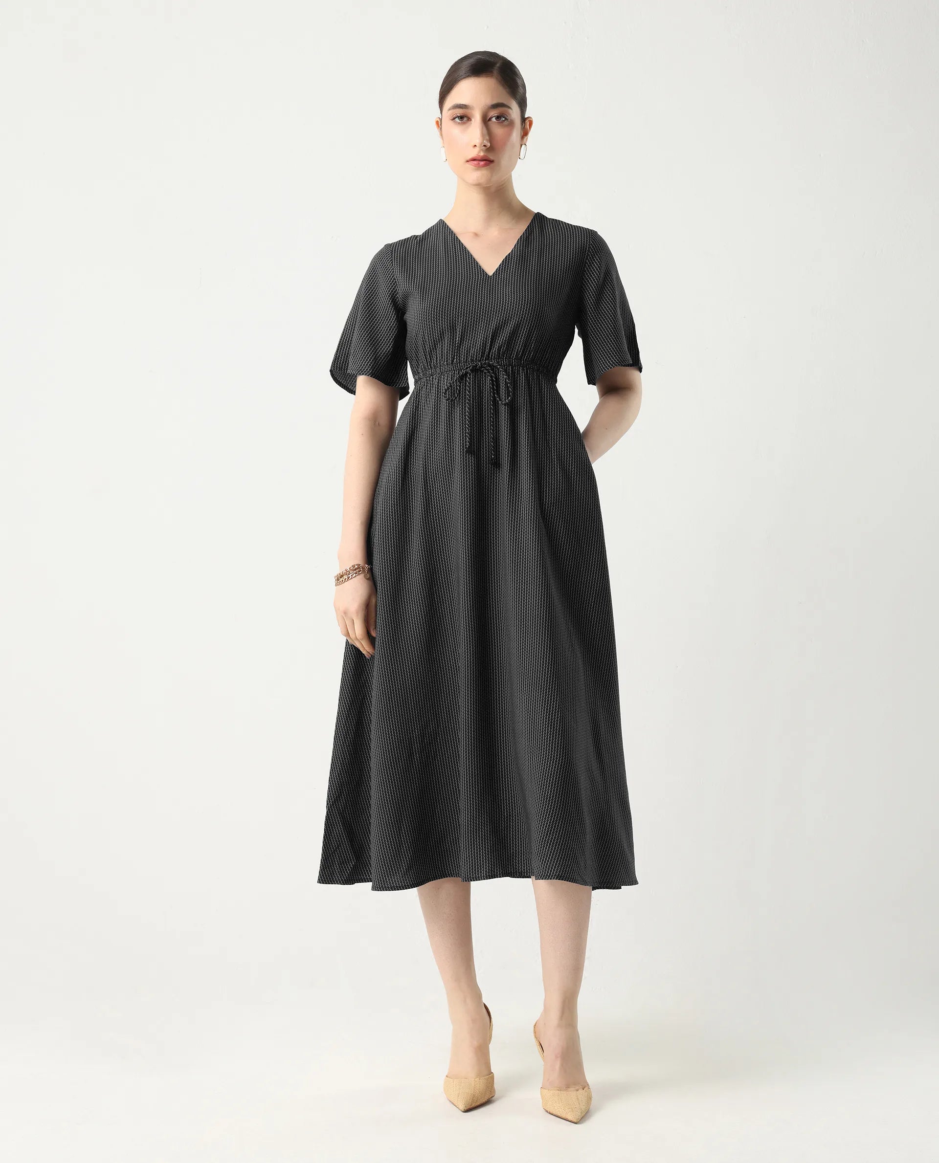 Rareism Women's Eloys Black Viscose V-Neck Flared Printed Midi Dress | RAREISM at Broadway