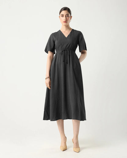 Rareism Women's Eloys Black Viscose V-Neck Flared Printed Midi Dress | RAREISM at Broadway
