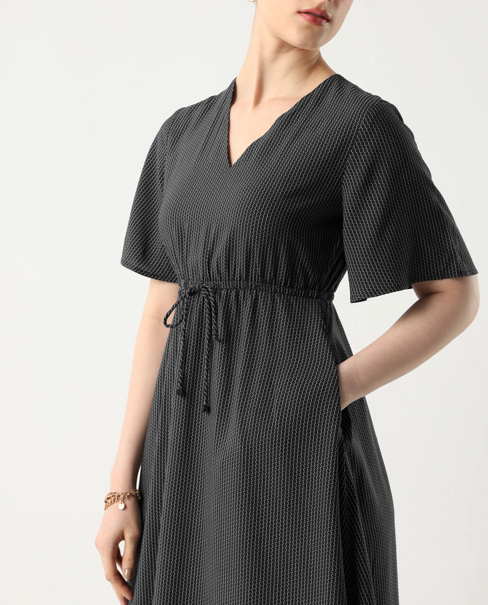 Rareism Women's Eloys Black Viscose V-Neck Flared Printed Midi Dress | RAREISM at Broadway